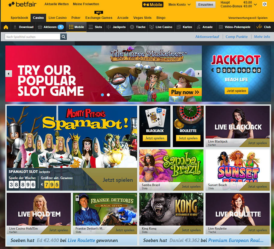 Eindruck von der Betfair Casino Homepage