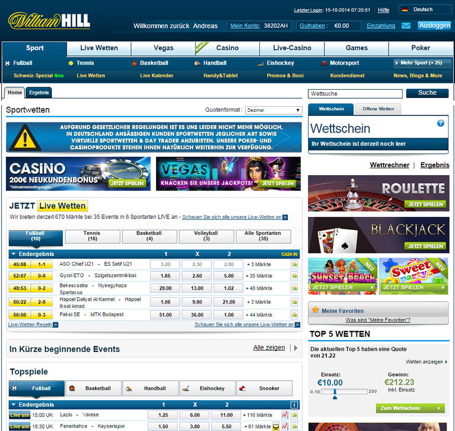 So sieht die William Hill Casino Webseite aus