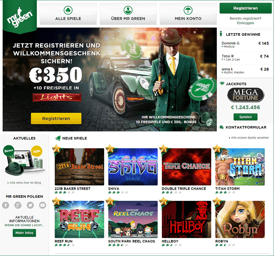 Überblick über die Mr Green Casino Homepage