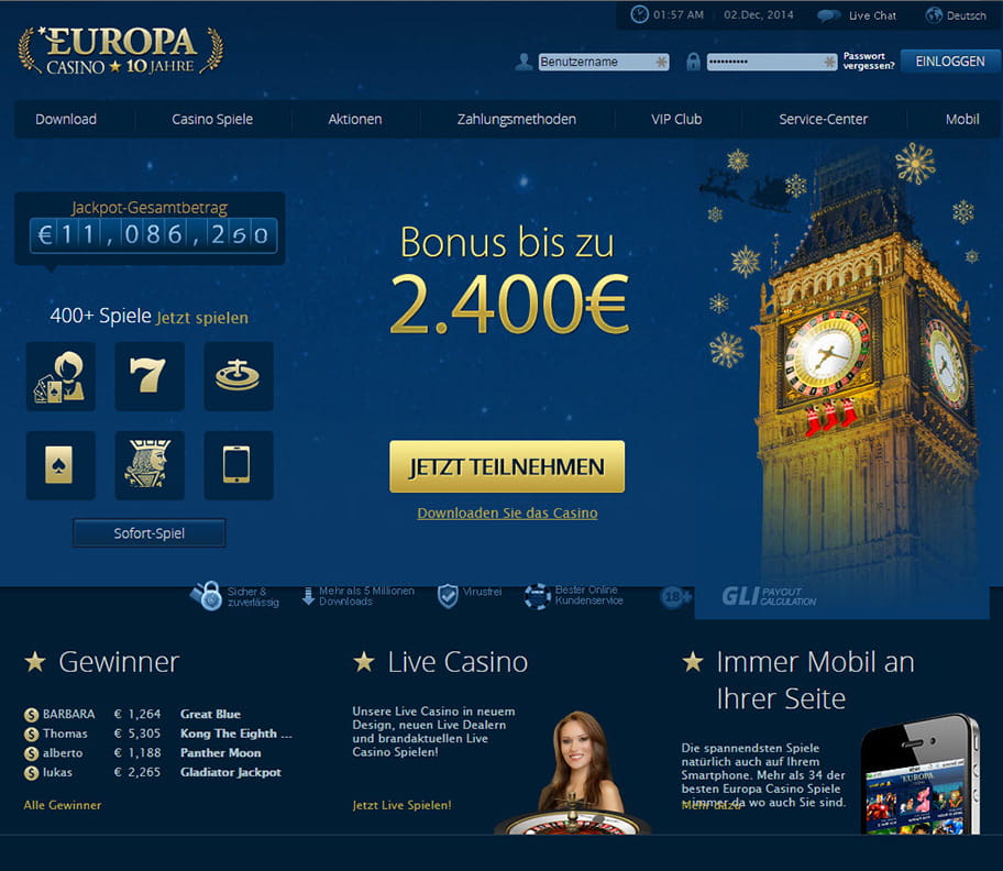 Übersicht über die Europa Casino Startseite