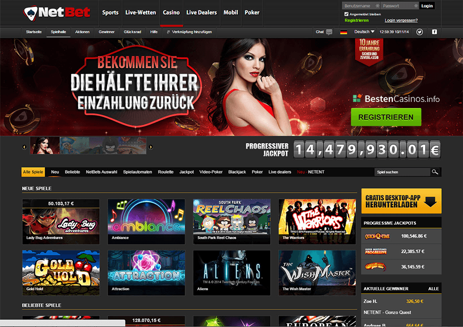 Die NetBet Casino Willkommensseite mit aktuellem Bonusangebot