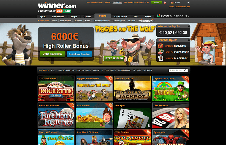 Die Startseite des Winner Casinos