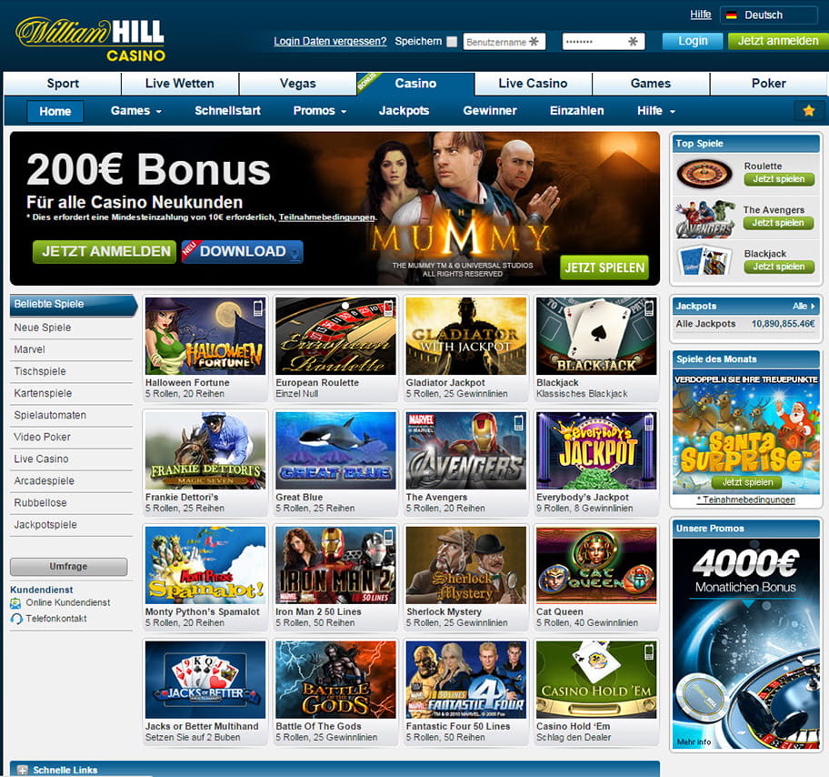 William Hill Willkommensbonus und Casino Spielauswahl